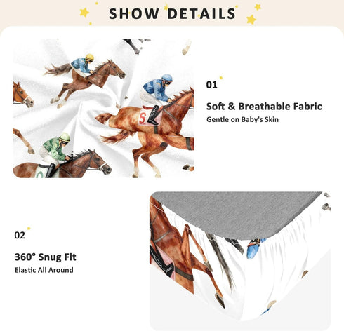 CZXW 52" 28" Horse Racing Jockeys Crib Sheets Fitted x Natural Cotton Soft & Breathable for Baby Crib Mattress