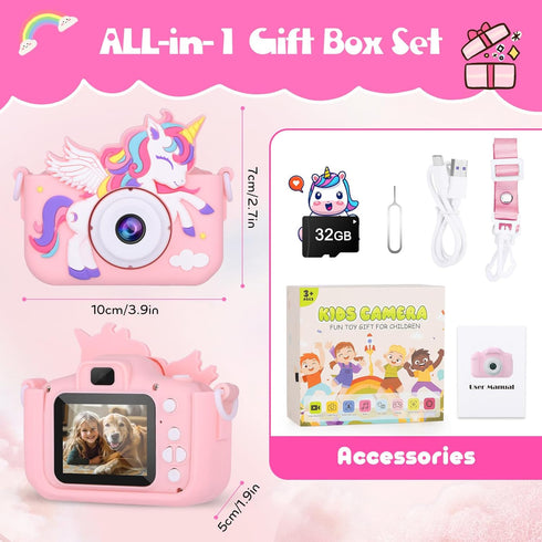 Alotwan 3-8 3 4 5 6 7 8 1080P 32G Kids Camera Unicorn Girl Toys, Digital Camera for Kids Age Toddler Travel Toys