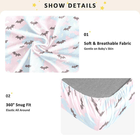 miaozhen 1 Pack 52x28 Cotton Crib Sheets for Baby Boys Girls Comfy Breathable Bat Lightening Offwhite Newborns Crib