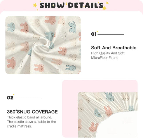 SUABO Rabbit Face Pattern Crib Sheets Stretchy Portable Sheets for Baby Toddler Breathable Soft Crib Mattress Sheet