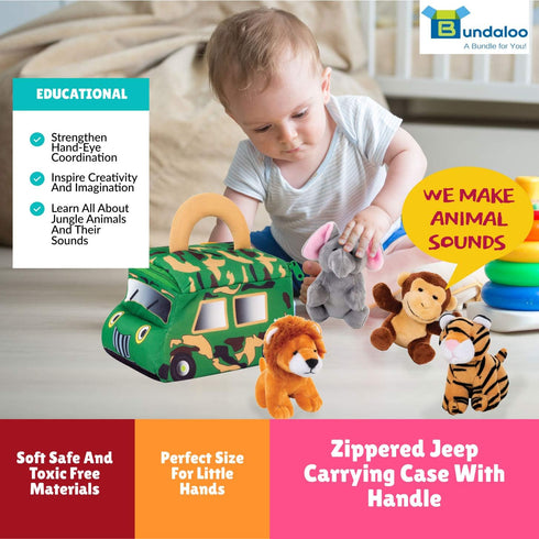 Bundaloo Plush Jungle Animals Set with Realistic Sound, Soft Stuffed Animal Toys with Safari Truck Carrier