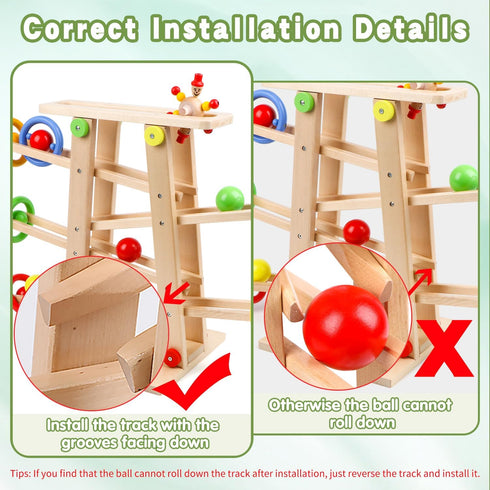 Qilay Wooden Race Track Toddler Toys - Wooden Car Ramp Racer Set with 4 Balls & 5 Race Tracks for Kids