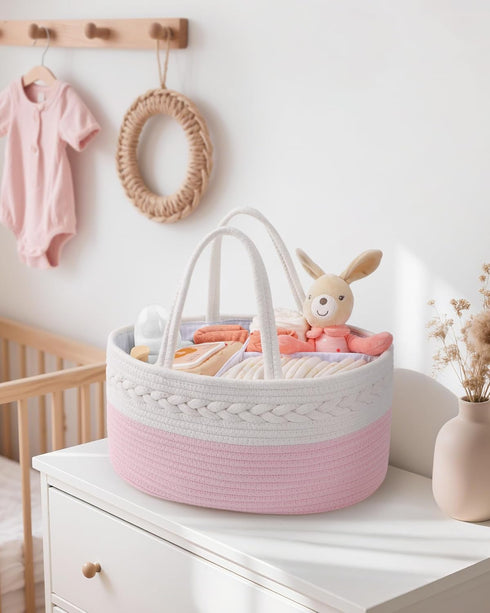 Maliton Diaper Caddy for Baby Girl-Cotton Rope Diaper Caddy, Diaper Organizer for Changing Table, Portable Baby Basket