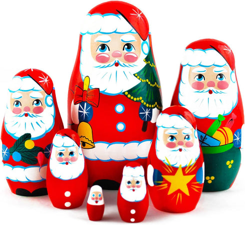 7 Christmas Santa Wooden Nesting Dolls pcs - Santa Claus Christmas Decoration Doll Gifts Ideas - Handcrafted