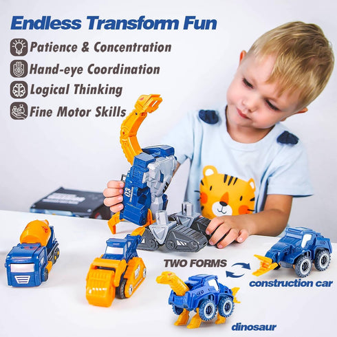 Set, 5-in-1 3 4 5 6 7 Construction Trucks Toy Dinosaur Vehicles Magnetic Educational STEM Building Car Kit, Transform