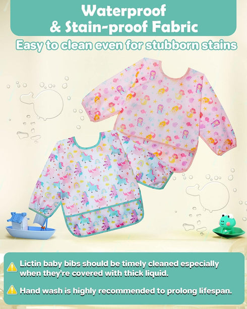 3 Pack 6-24 Lictin Baby Bibs for Boy or Girl, Cute Long Sleeve Bib, Waterproof Bibs for Toddlers,Adjustable Closure