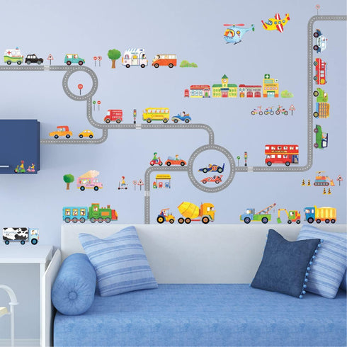 DECOWALL The Road and Cars Kids Wall Stickers, Peel and Stick Removable Wall Decals for Nursery Bedroom