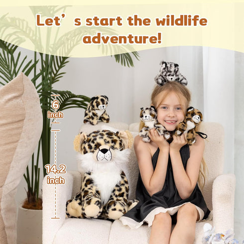 5Pcs 14 Inch Mommy 4 MorisMos Cheetah Stuffed Animal, Cheetah with Baby, Soft Stuffed Leopard Plush Gifts for Kids