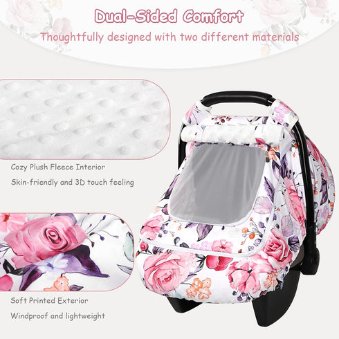 Winter Car Seat Cover Baby with Sunshade & Dual Zipper Windows - Minky Bubble Lined Windproof Soft Shell, Warm Newborn