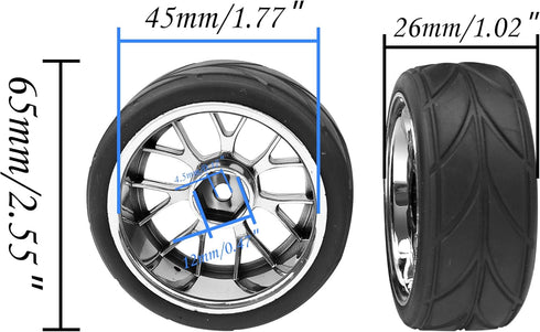 4Pcs HIRCQOO OD 2.55" 1/10 On Road Rubber Tires & 12mm Hex Hub Plastic Wheel Rims for Traxxas