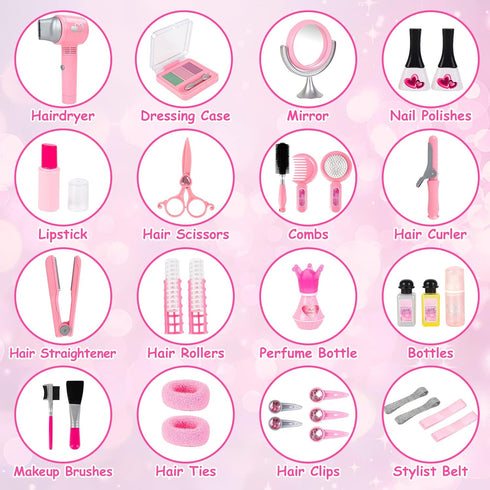 Set Set deAO Hair Salon Toys for Girls Beauty Salon Kids Pretend Hair Styling with Hairdryer, Mirror, Curling Iron
