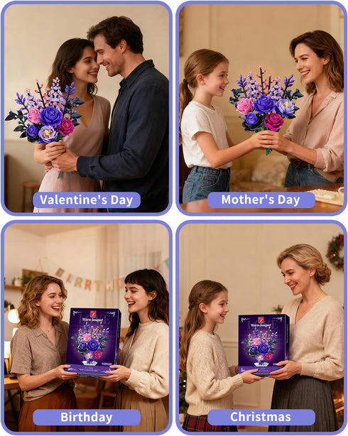 TYCOLE Set 6-12 (806PCS) Flowers Bouquet Building - Purple Roses Botanical Collection Building Blocks for Adult Women