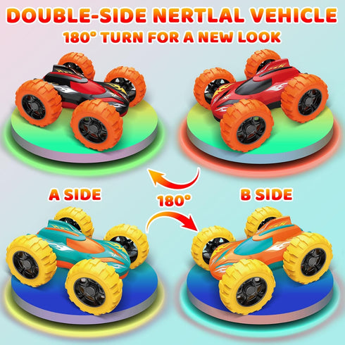 VONZAWAY 3-5 3 4 5 360 4WD Car Toys for Ages Boys, Push and Go Monster Truck Toys for Year Old Kids, Double-Sided Flip