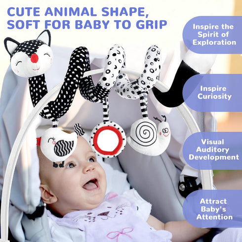 Euyecety Baby Spiral Plush Toys, Black White Stroller Toy, Hanging Rattle Toys for Crib Mobile