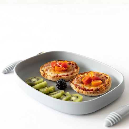 Bumkins Toddler and Baby Suction Plate, Silicone Grip Dish Large Tray for Big Kids, Non Skid Sticky Bottom, Platinum