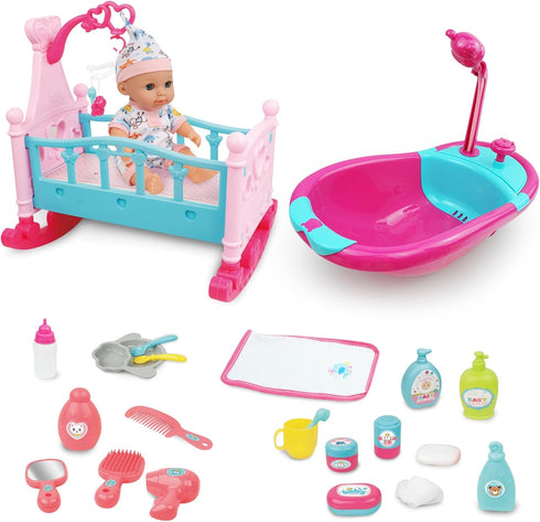 RedCrab 12" Baby Doll Bath and Bed Play Set - 2-in-1 Shaker with Shower Spray & 25pcs Accessories for Girls 3+