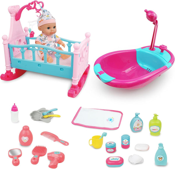 RedCrab 12" Baby Doll Bath and Bed Play Set - 2-in-1 Shaker with Shower Spray & 25pcs Accessories for Girls 3+