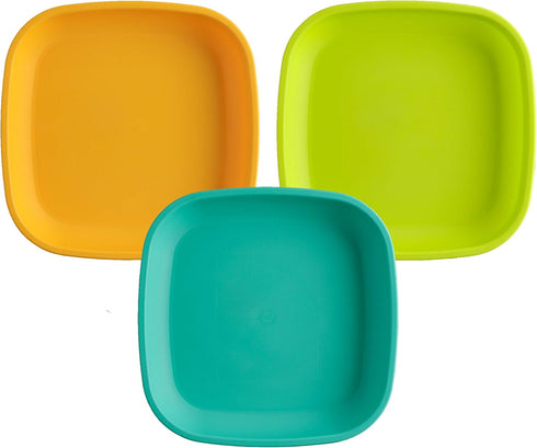 Re-Play Toddler Plates - 22 Oz. Deep-Walled Flat Kids Plates, Dishwasher & Microwave Safe, Set of 3 - Aqua Asst.