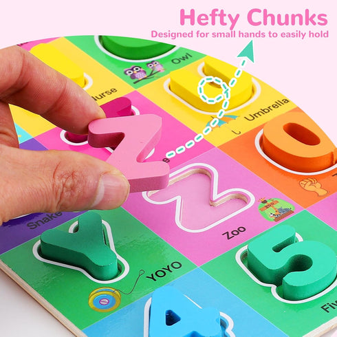 Wooden Alphabet and Number Puzzles for Toddlers 1-4, Chunky ABC Puzzle Board for Preschool Learning Toys for Boys and