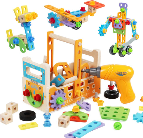 Wooden Kids Tool Set with Electric Screwdrivers, 91PCS Educational STEM Construction Toys,