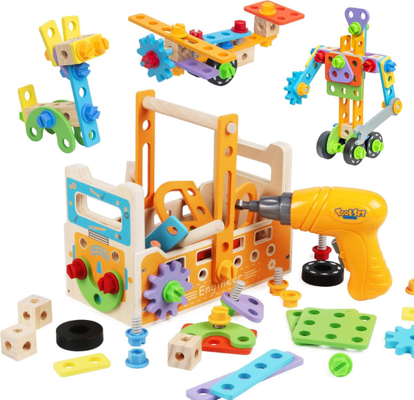 Wooden Kids Tool Set with Electric Screwdrivers, 91PCS Educational STEM Construction Toys,