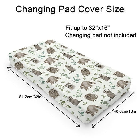 Watercolor Raccoon Retro Boho Leaves Changing Pad Cover Raccoon Green Leaves Diaper Change Table Sheets for Girl Boy Woodland Animal Soft Stretchy Snug Fitted Baby Changing Table Cover Mats 32''x16''