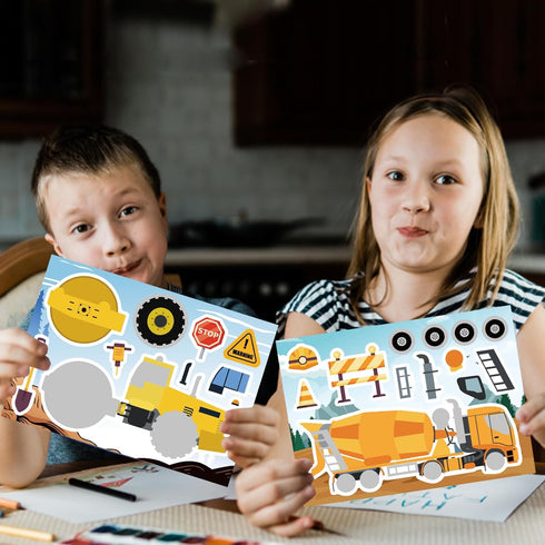 OTAITY 24 Sheets Make Your Own Construction Vehicle Stickers for Kids Boys, Make-a-Face Engineering Vehicles Fire