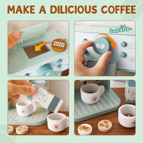 Playset Set Kids Coffee Toy Coffee Maker for Toddler Wooden Kitchen Accessories Pretend Play for Girls Boys Ages