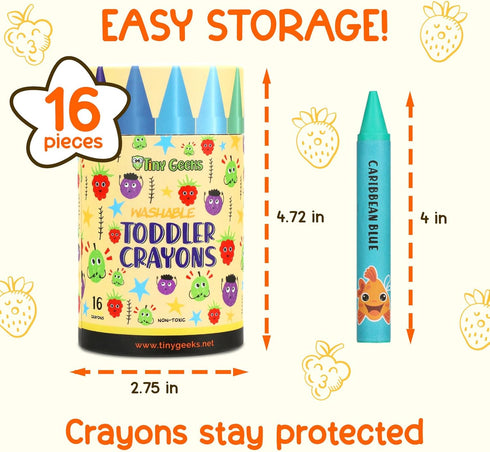 (16 TinyGeeks Jumbo Crayons Colors) Non-Toxic, Washable, Easy-to-Hold Art Supplies for Toddlers and Kids Perfect
