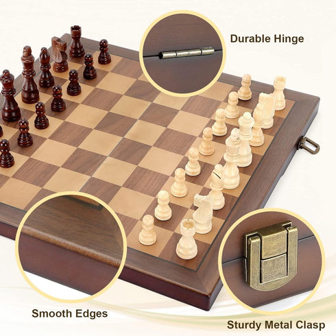 Set 15'' Sets Magnetic Wooden Chess for Adults Kids Chess Board with Handmade Pieces, Folding Portable Travel Unique