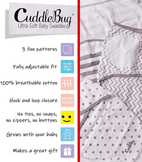 Set CuddleBug Baby Swaddle - Adjustable & Muslin Blankets (Spots & Stripes)