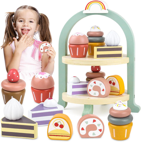 Wooden Cake Toys Tea Party Set - Desserts Food Toy with Cupcake Stand, Pretend Play Kitchen Accessories