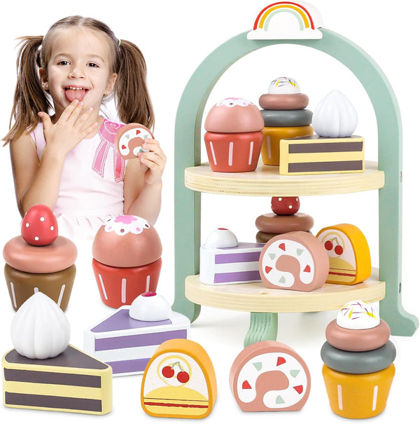 Wooden Cake Toys Tea Party Set - Desserts Food Toy with Cupcake Stand, Pretend Play Kitchen Accessories