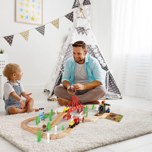 TOY Life 80pcs Wooden Train Set - Fits Thomas Brio Melisa Chugginton, Toddler Boy Toy Train Set, 3+