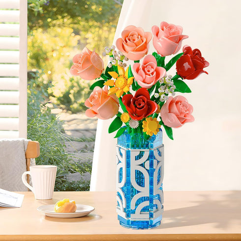 14 Set 747 CUBIMANA Flowers Bouquet Building with Vase and LED Light, for Women, PCS Mini Roses Flower Building Blocks