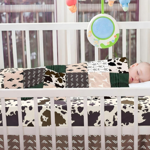 Hahafelt 3 Set Set Piece Patchwork Western Crib Bedding for Boys Girls Cow Cactus Print Baby Bedding Barnyard Western