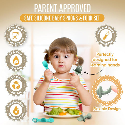 4pc Silicone Self feeding baby utensils 6-12 months, Toddler Cutlery Set, 3 baby spoon, 1 baby fork, Toddler Utensils, BPA Free Silicone, Dishwasher Safe, Baby eating essentials (Blue/Green)