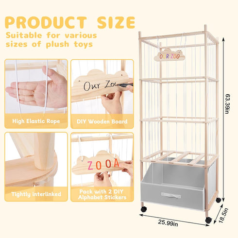 64" Stuffed Animal Storage, Super Large Plush Toy Organizer with Wheels, Wooden Stuffed Animal Holder with Removable