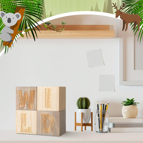 RattanView 4 Pcs Woodland Wild Nursery Wood Decor Nursery Wood Shelf Blocks for Bedroom Playroom Gifts Wild Sign