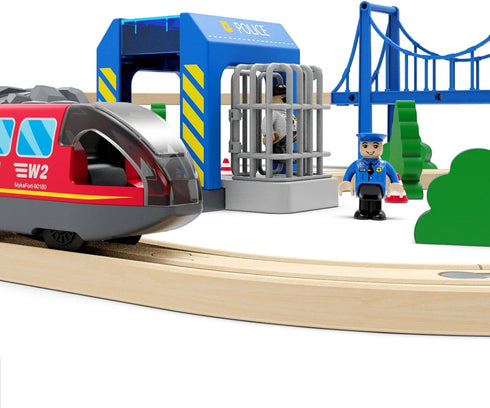 Wooden Train Tracks Accessories, Police Station Compatible with All Railroad Track Collection, Train Toys Expansion