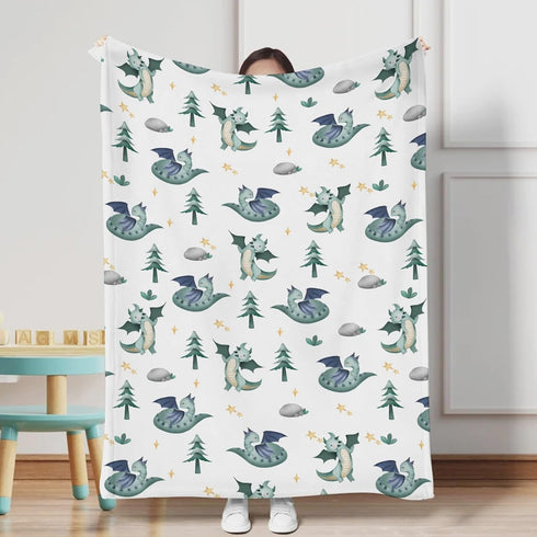 Cartoon Fairy Tale Dragon Baby Blanket, Watercolor Dragons Flannel Swaddle Blanket for Boy Girl (Green 30x40)