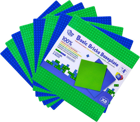 Classic Base Plates for Building, 10" x 10” Multipack, 8 Pack Compatible with All Major Brands, Green & Blue