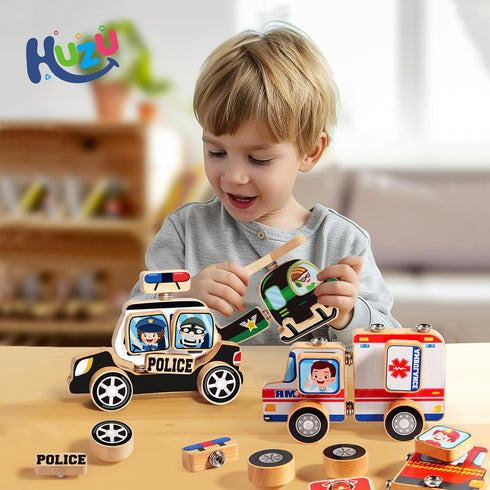 Emergency Vehicles 3D Puzzle Toy, HUZU Wooden Building Blocks for Kids 3-8, Fire Truck, Ambulance, Police Car Gifts
