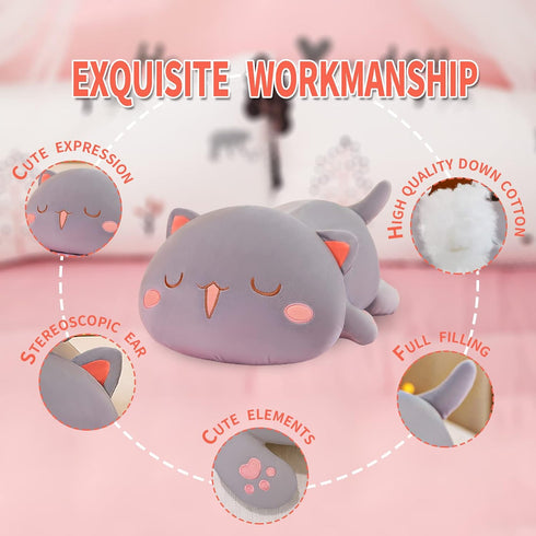 FUYU Cat Stuffed Animals, Soft Kawaii Kitten Plush Pillow, 27in/67cm Toy Gifts for Kids Room Decor (Gray Squinted)