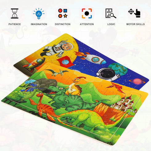 Wooden Puzzles Toys for Kids Ages 4-6, Set of 3 Packs with 60-Piece Jigsaw Puzzles, Dinosaur, Animal, Space Theme