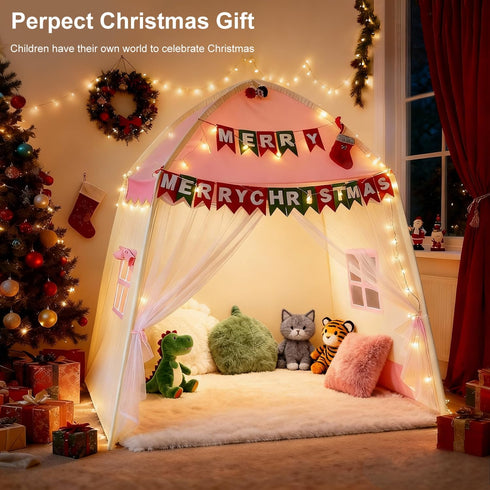 Setup 3-12 59x39x59 Kids Play Tent Indoor Teepee: Princess Castle Reading Nook with Mat Lights Carry Bag Mesh Windows