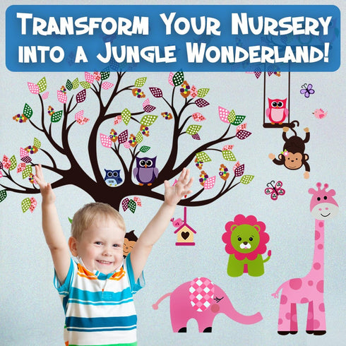 DEKOSH Pink Jungle Baby Nursery Wall Decal, Peel & Stick Colorful Owl Giraffe Lion Animal Stickers