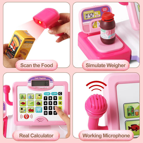 3, 4, 5, 6, 7, 8+ 57 Playset, Play Calculator Cash Register Toy Gift for Kids Girls Age Year Old, Pcs Pink Pretend