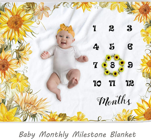 Sunflower Baby Monthly Milestone Blanket, Floral Newborns Month Blanket Gift with Wreath & Headband