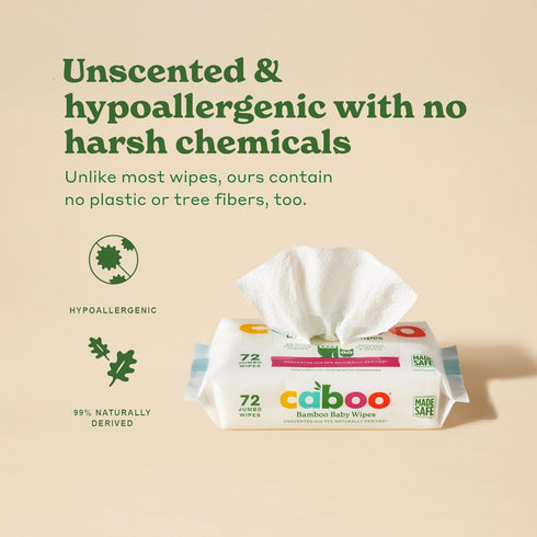 72 Pack, 216 Caboo Baby Wipes, Made with Bamboo Viscose, Certified Made Safe Ingredients, Unscented Baby Wipes Good